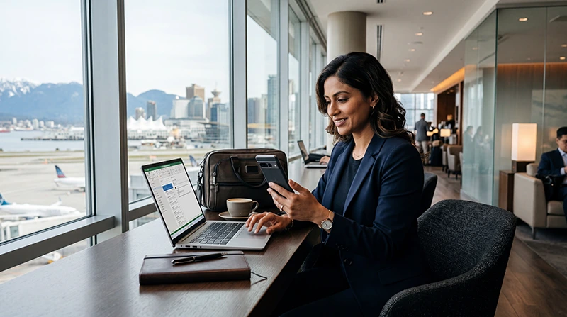 Business traveler using eSIM mobile internet in Canada during work trip