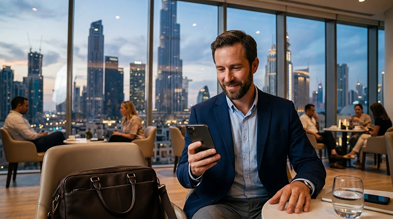 Business traveler using a Dubai eSIM on a smartphone in Downtown Dubai with modern skyline.