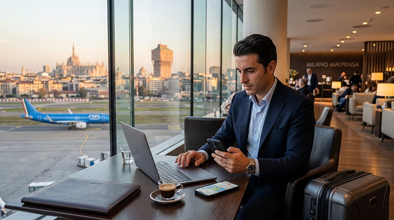 Business traveler using eSIM mobile internet while traveling in Italy