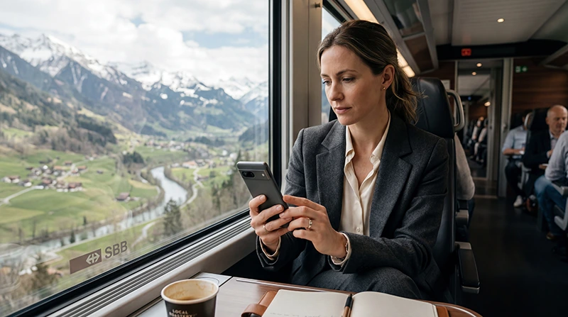 Business traveler using eSIM mobile internet while traveling in Switzerland.