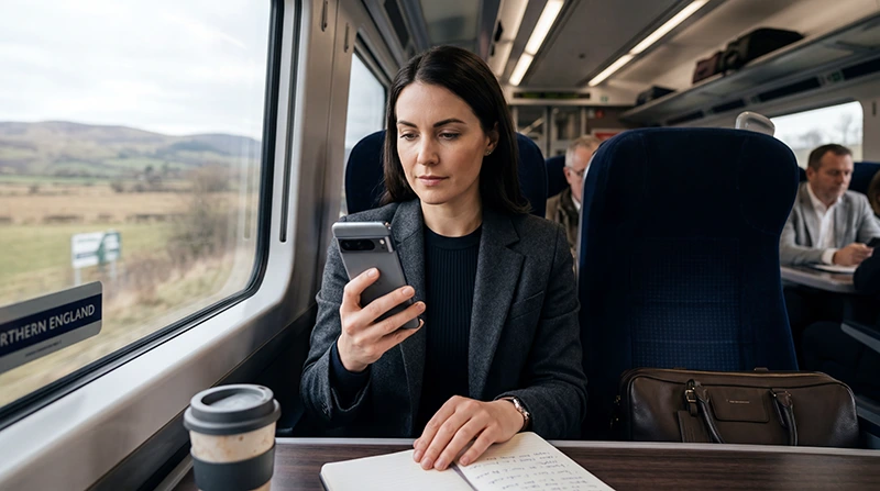 Business traveler using a UK eSIM for mobile internet, remote work, and communication while traveling in the United Kingdom.
