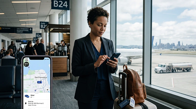 Business traveler using a USA eSIM for mobile data, hotspot, email, maps, and travel apps during a work trip in the United States.