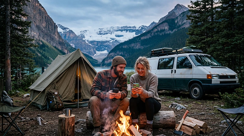 Campers using mobile internet and eSIM during camping trip in the Canadian Rockies