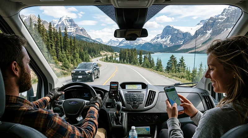 Travelers using mobile internet during a Canada road trip through the Rocky Mountains