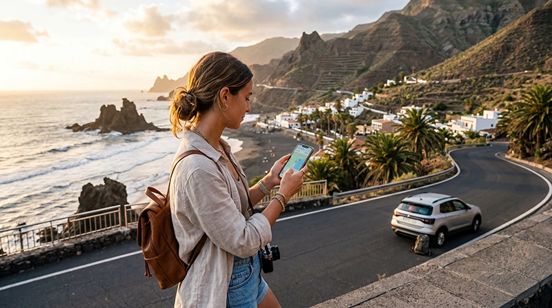 Traveler using eSIM and mobile internet in the Canary Islands