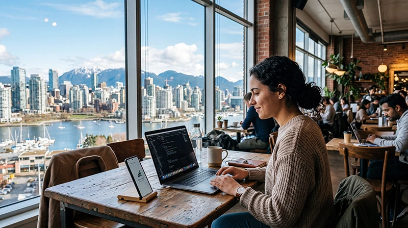 Digital nomad using eSIM mobile internet while working remotely in Canada