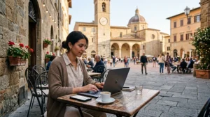Digital nomad using eSIM mobile internet while working remotely in Italy