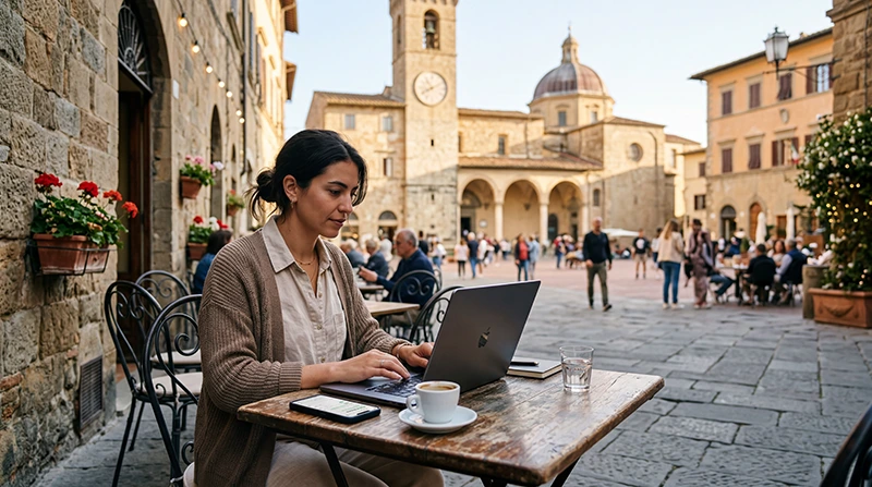 Digital nomad using eSIM mobile internet while working remotely in Italy