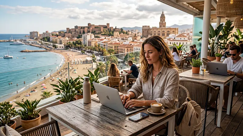 Digital nomad using eSIM mobile internet while working remotely in Spain