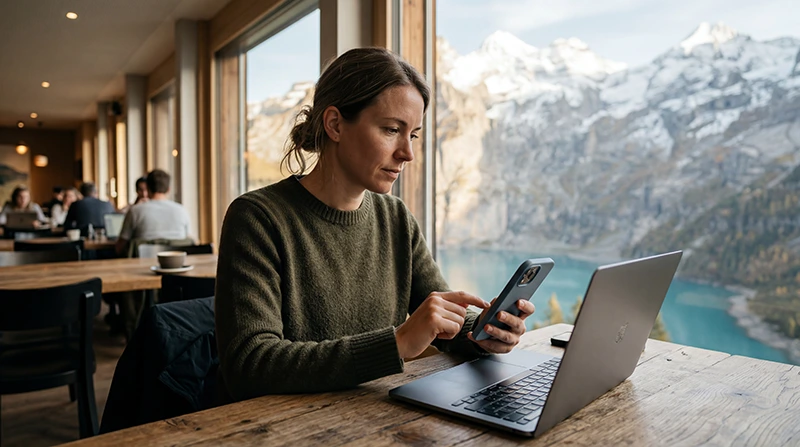 Digital nomad using eSIM mobile internet while working remotely in Switzerland.