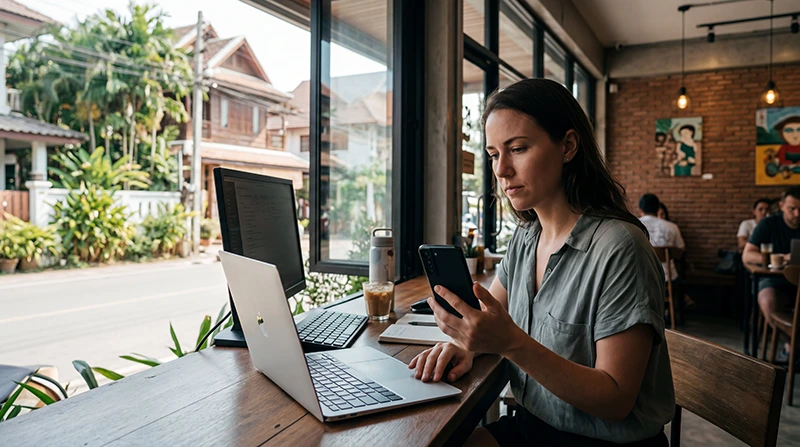 Digital nomad working remotely in Thailand using a Thailand eSIM for mobile internet, hotspot, video calls, and remote work.