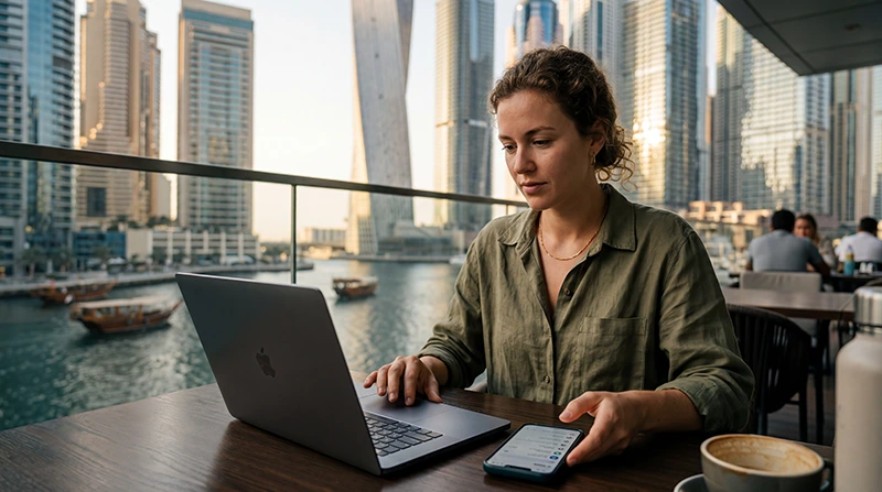 Digital nomad using UAE eSIM internet while working remotely in Dubai with laptop and smartphone.