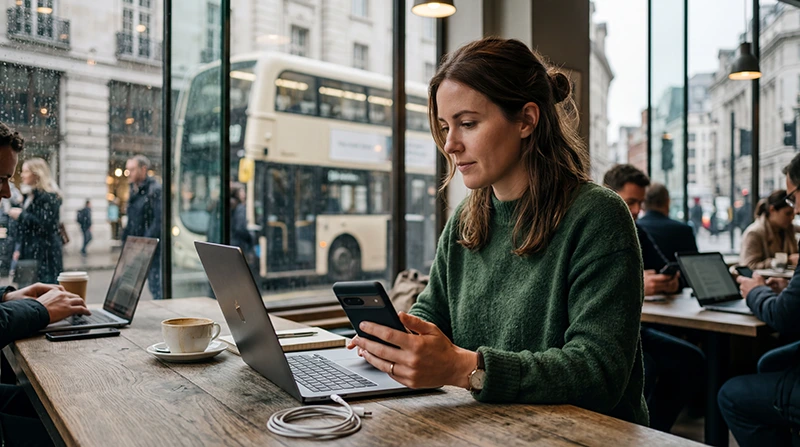 Digital nomad using a UK eSIM for remote work, hotspot, and mobile internet while working in London.
