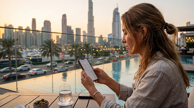 Traveler using a Dubai eSIM during a vacation in Dubai near Burj Khalifa and luxury hotels.