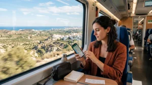Traveler using eSIM and mobile internet during Eurail train travel in Spain