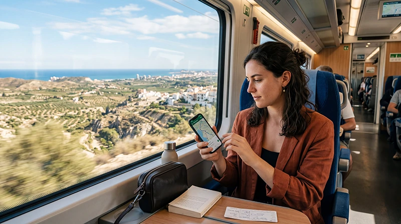 Traveler using eSIM and mobile internet during Eurail train travel in Spain