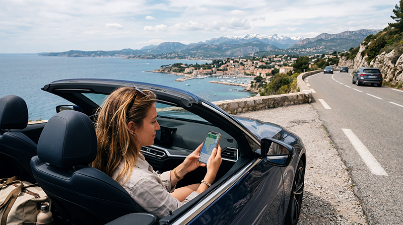 Traveler using France eSIM and mobile internet during a road trip in France