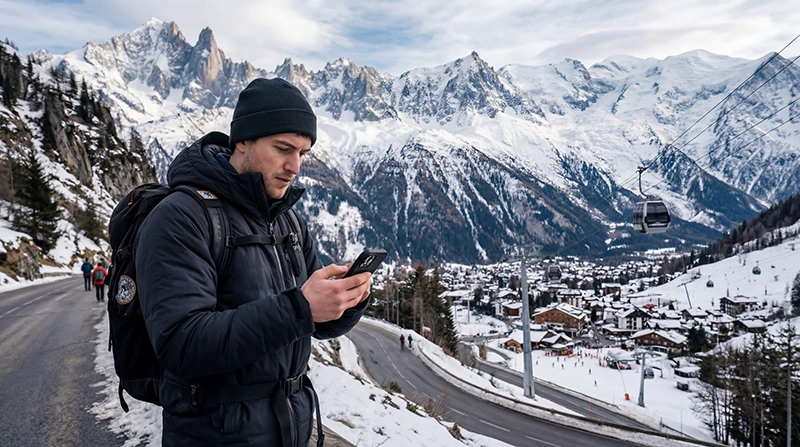 Traveler using France eSIM and mobile internet while exploring the French Alps