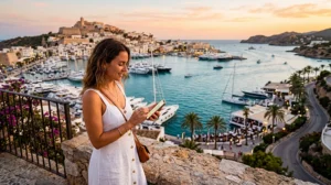 Traveler using eSIM and mobile internet in Ibiza