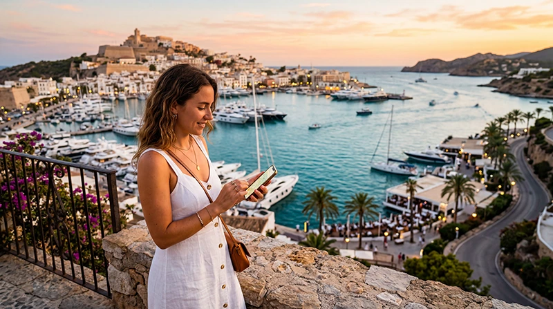 Traveler using eSIM and mobile internet in Ibiza