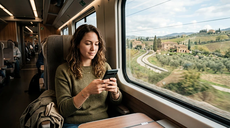 Traveler using eSIM mobile internet during rail travel across Italy