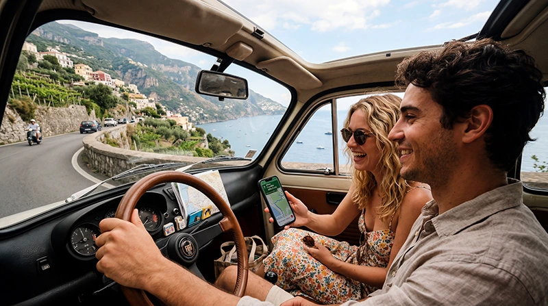 Travelers using eSIM mobile internet during a road trip across Italy