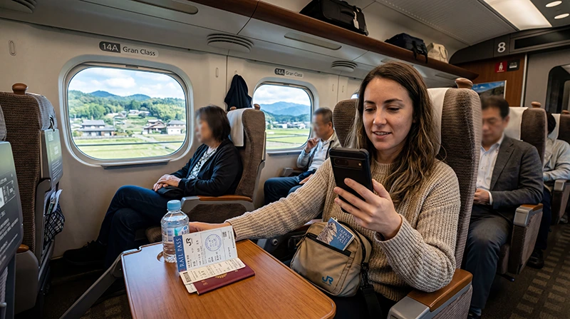 Traveler using mobile internet while traveling across Japan with a Japan Rail Pass.