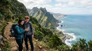 Tourists using Madeira eSIM and mobile internet while exploring coastal viewpoints in Madeira Portugal