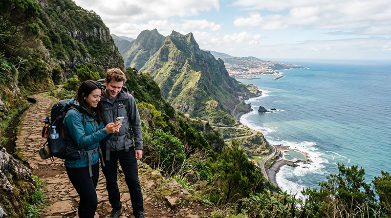 Tourists using Madeira eSIM and mobile internet while exploring coastal viewpoints in Madeira Portugal