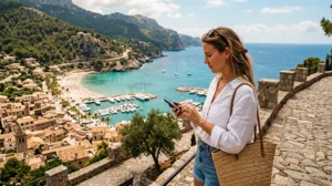 Traveler using eSIM and mobile internet in Mallorca