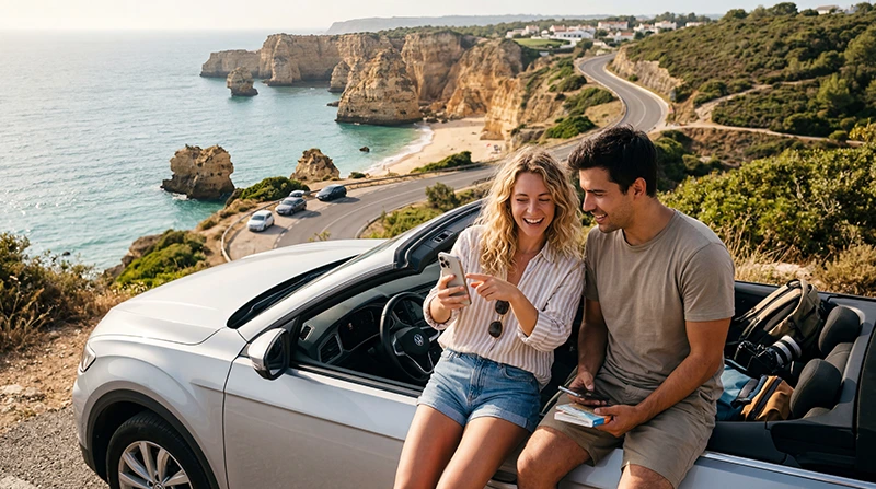 Tourists using Portugal eSIM and mobile internet during a Portugal road trip