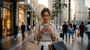 Traveler using a Dubai eSIM while shopping in Dubai Mall with luxury stores and smartphone visible.