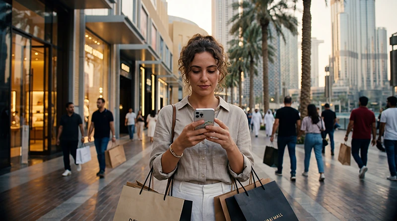 Traveler using a Dubai eSIM while shopping in Dubai Mall with luxury stores and smartphone visible.
