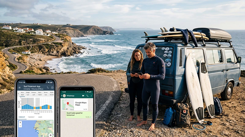 Surfers using Portugal eSIM and mobile internet during a surf trip in Portugal