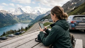 Traveler using eSIM mobile internet during a road trip across Switzerland with mountains and scenic routes in the background.