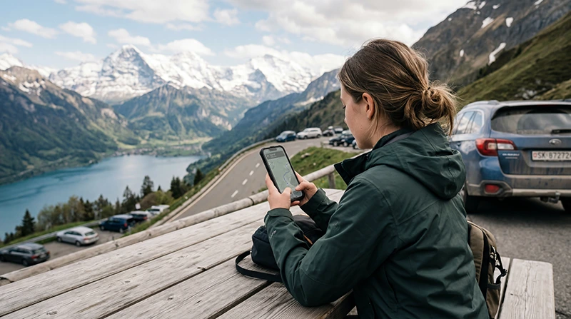 Traveler using eSIM mobile internet during a road trip across Switzerland with mountains and scenic routes in the background.