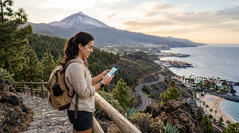 Traveler using eSIM and mobile internet in Tenerife
