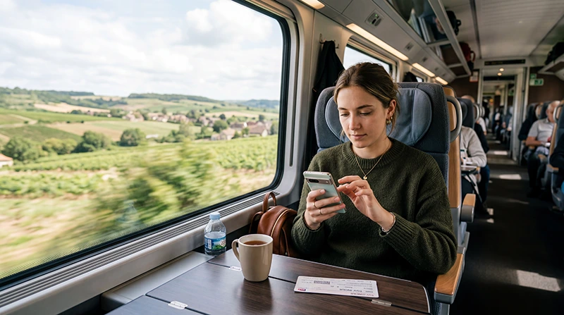 Traveler using France eSIM and mobile internet during TGV train travel in France