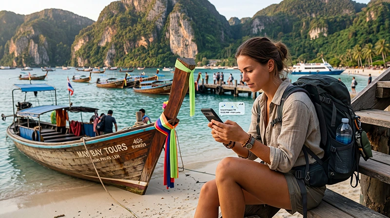 Traveler using a Thailand eSIM during island hopping in Thailand with mobile internet for ferries, maps, beaches, and travel apps.