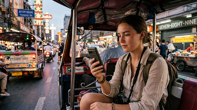 Traveler using a Thailand eSIM for mobile data, maps, travel apps, and internet while visiting Thailand.