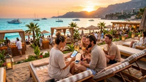 Travelers using eSIM mobile internet at beaches in Turkey.