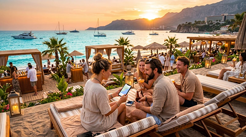 Travelers using eSIM mobile internet at beaches in Turkey.