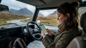 Traveler using a UK eSIM for navigation during a road trip across the United Kingdom.