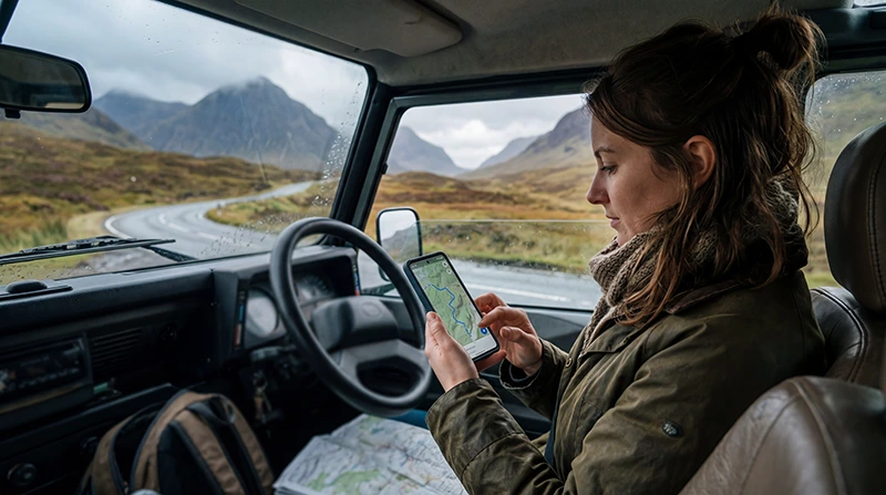 Traveler using a UK eSIM for navigation during a road trip across the United Kingdom.
