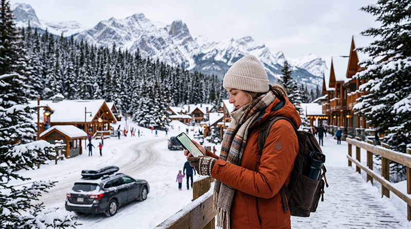 Traveler using eSIM mobile internet during winter travel in Canada with snowy mountains and smartphone