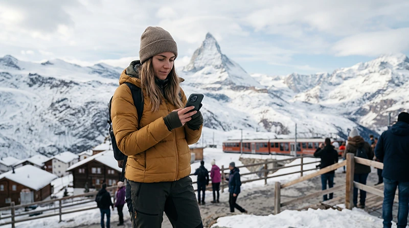 Traveler using eSIM mobile internet in Zermatt with the Matterhorn in the background.