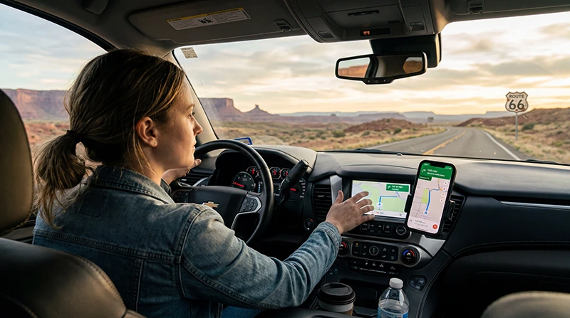 Traveler using a USA eSIM and mobile internet during a road trip across the United States.