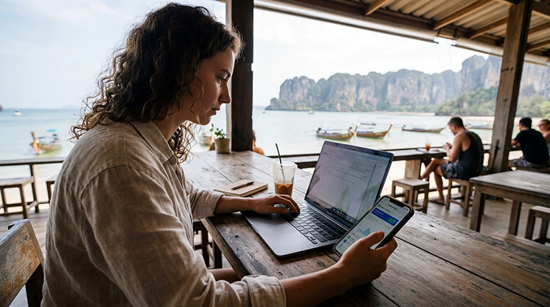 Remote worker in Thailand using a Thailand eSIM and mobile internet for coworking, hotspot, video calls, and digital nomad work.