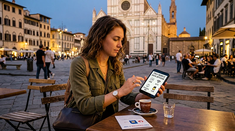 Traveler choosing the best internet option while traveling in Italy