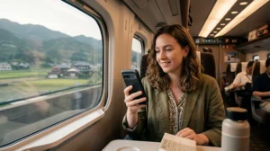 Traveler using reliable mobile internet while traveling across Japan.